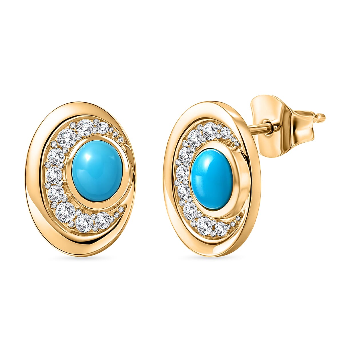 D'Joy Sleeping Beauty Turquoise &amp; White Zircon Halo stud Earring with Push Back in Yellow Gold Plated Sterling Silver 1.12 Ct. 8435610 0