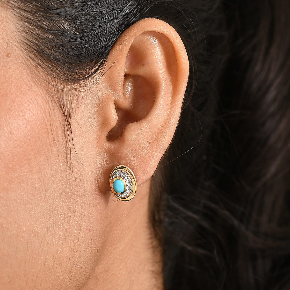 D'Joy Sleeping Beauty Turquoise &amp; White Zircon Halo stud Earring with Push Back in Yellow Gold Plated Sterling Silver 1.12 Ct. 8435610 2