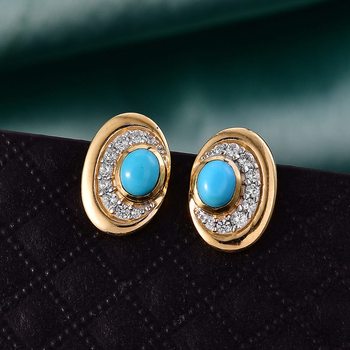 D'Joy Sleeping Beauty Turquoise &amp; White Zircon Halo stud Earring with Push Back in Yellow Gold Plated Sterling Silver 1.12 Ct. 8435610 3