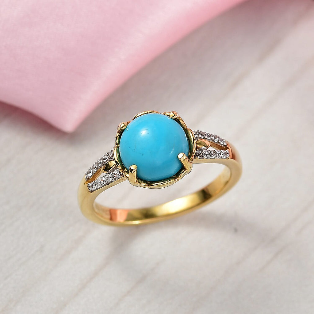 D'Joy Sleeping Beauty Turquoise & White Zircon Solitaire Ring in 18K Yellow Gold Plating Sterling Silver 1.35 Ct.