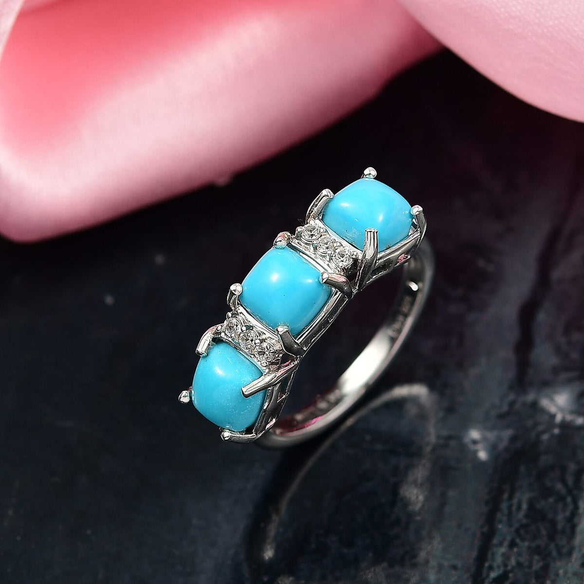 D'Joy Sleeping Beauty Turquoise &amp; White Zircon Ring in Platinum Overlay Sterling Silver 2.91 Ct. 8274845 2