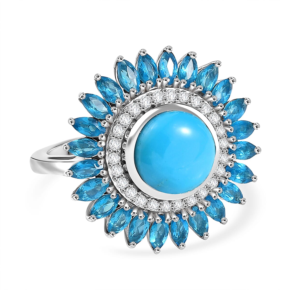 D'Joy Sleeping Beauty Turquoise, White Zircon &amp; Neon Apatite Ring in Rhodium Overlay Sterling Silver 5.07 Ct. 8274642 0