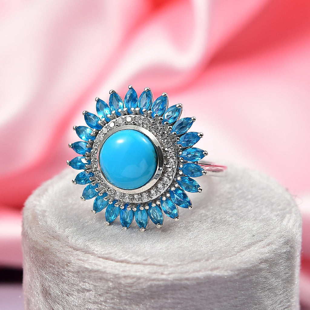 D'Joy Sleeping Beauty Turquoise, White Zircon & Neon Apatite Ring in Rhodium Overlay Sterling Silver 5.07 Ct.