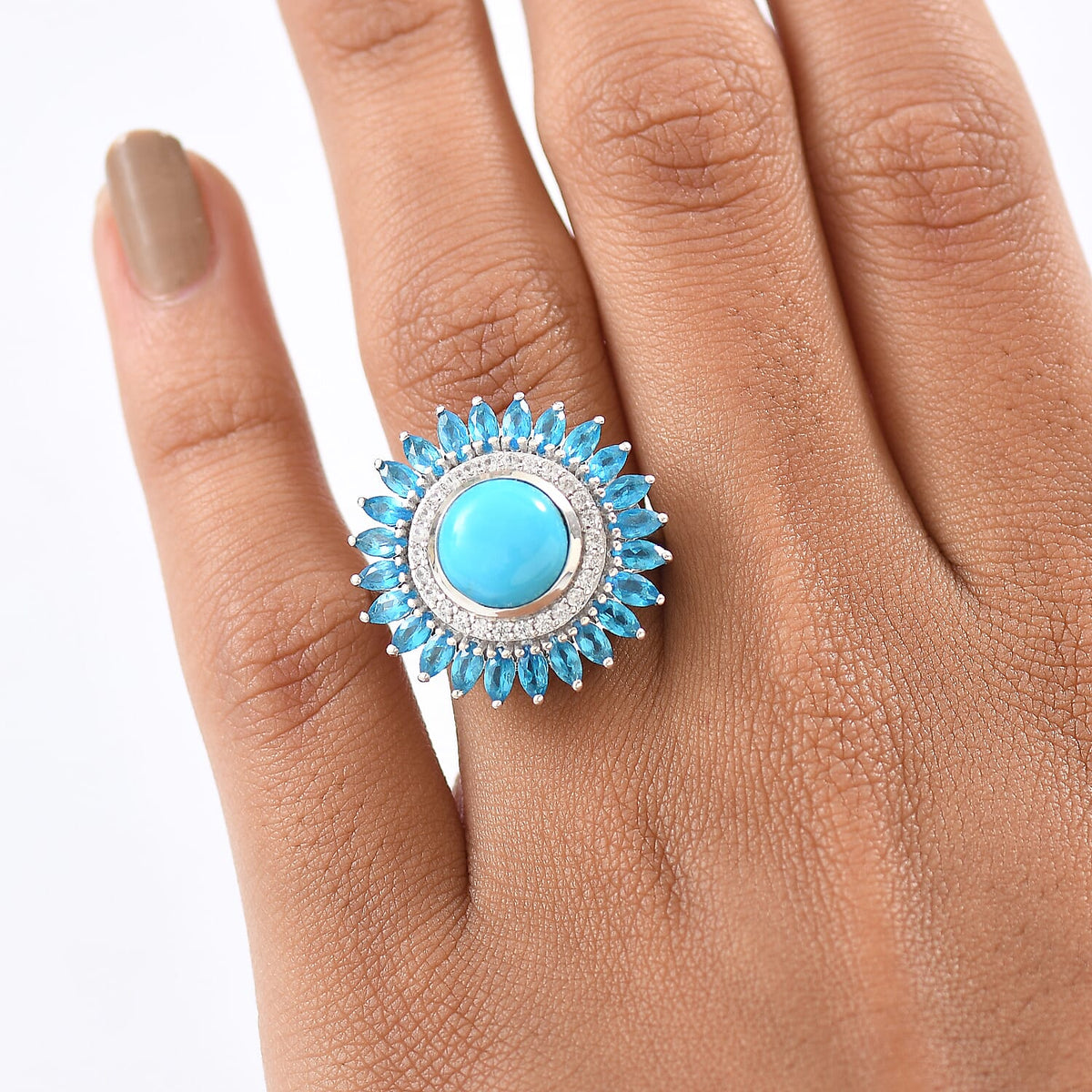 D'Joy Sleeping Beauty Turquoise, White Zircon &amp; Neon Apatite Ring in Rhodium Overlay Sterling Silver 5.07 Ct. 8274642 3