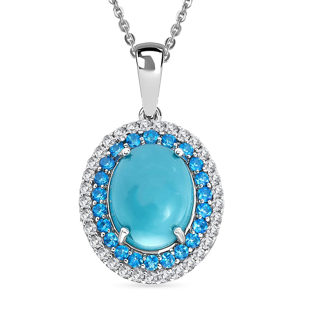 D'Joy Sleeping Beauty Turquoise, White Zircon & Neon Apatite Cabochon Halo Pendant with Chain (Size 20) in Rhodium Overlay Sterling Silver 3.02 Ct.
