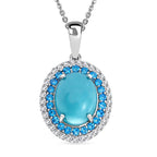 D'Joy Sleeping Beauty Turquoise, White Zircon & Neon Apatite Cabochon Halo Pendant with Chain (Size 20) in Rhodium Overlay Sterling Silver 3.02 Ct.