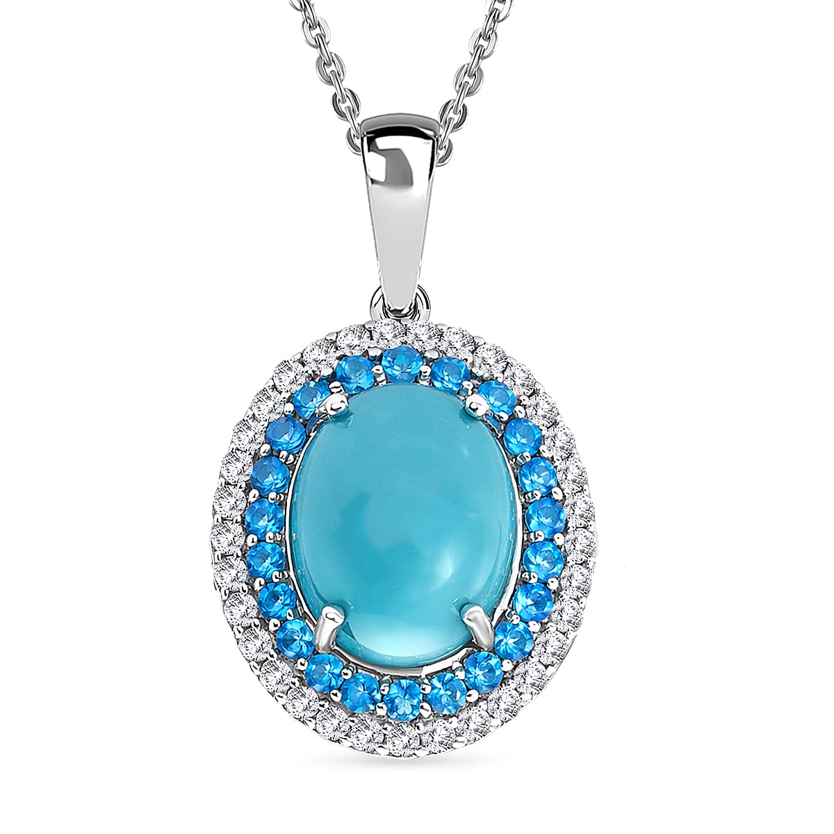 D'Joy Sleeping Beauty Turquoise, White Zircon &amp; Neon Apatite Cabochon Halo Pendant with Chain (Size 20) in Rhodium Overlay Sterling Silver 3.02 Ct. V32578021 0
