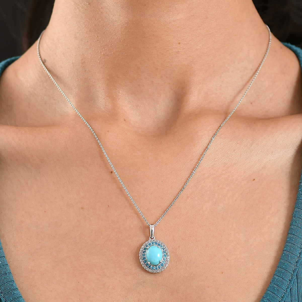 D'Joy Sleeping Beauty Turquoise, White Zircon &amp; Neon Apatite Cabochon Halo Pendant with Chain (Size 20) in Rhodium Overlay Sterling Silver 3.02 Ct. V32578021 2