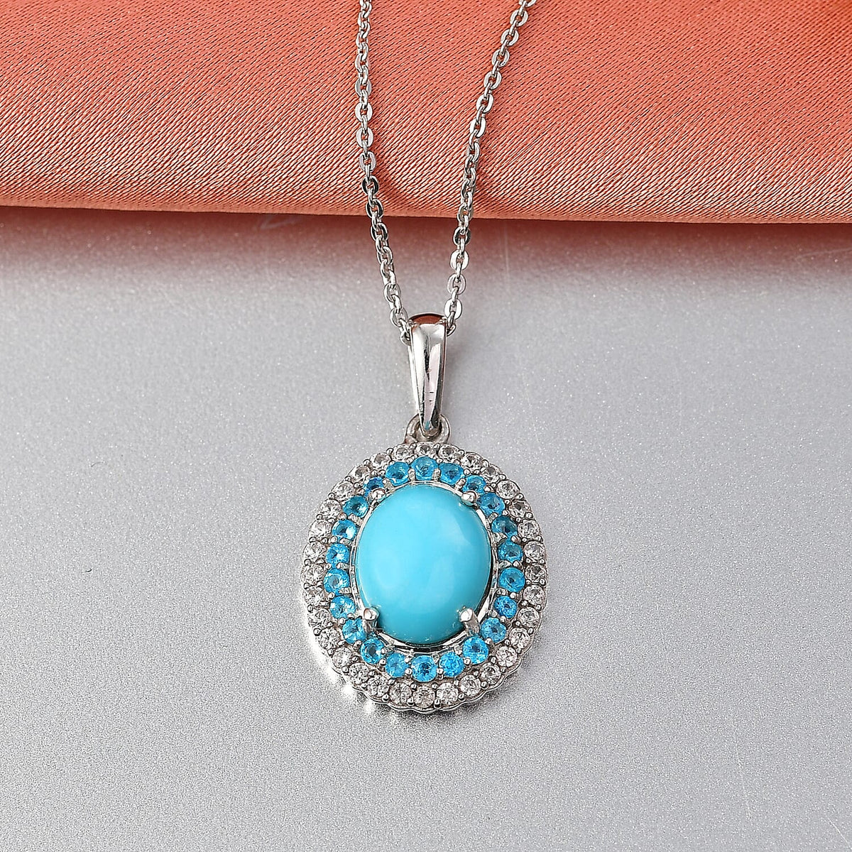 D'Joy Sleeping Beauty Turquoise, White Zircon &amp; Neon Apatite Cabochon Halo Pendant with Chain (Size 20) in Rhodium Overlay Sterling Silver 3.02 Ct. V32578021 3