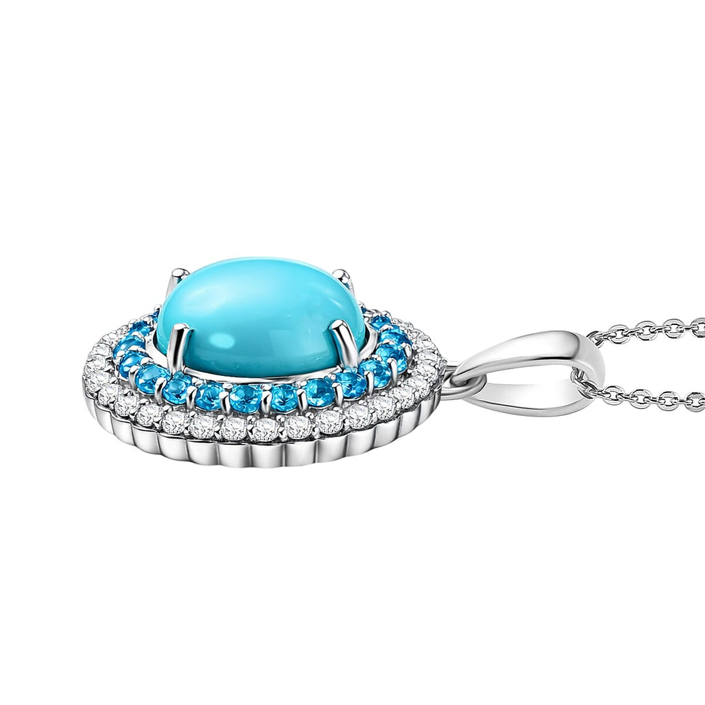 D'Joy Sleeping Beauty Turquoise, White Zircon & Neon Apatite Cabochon Halo Pendant with Chain (Size 20) in Rhodium Overlay Sterling Silver 3.02 Ct.