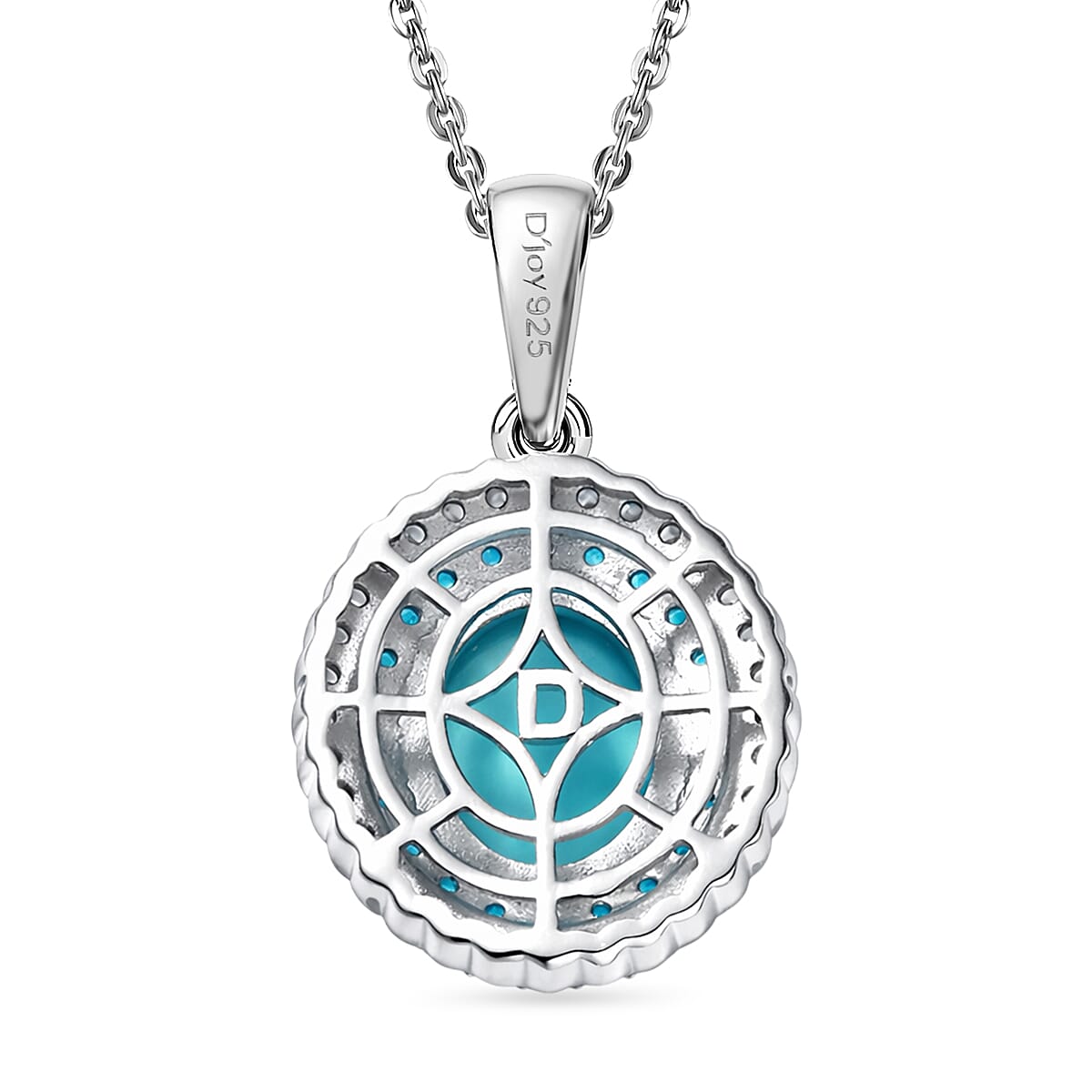 D'Joy Sleeping Beauty Turquoise, White Zircon &amp; Neon Apatite Cabochon Halo Pendant with Chain (Size 20) in Rhodium Overlay Sterling Silver 3.02 Ct. V32578021 5