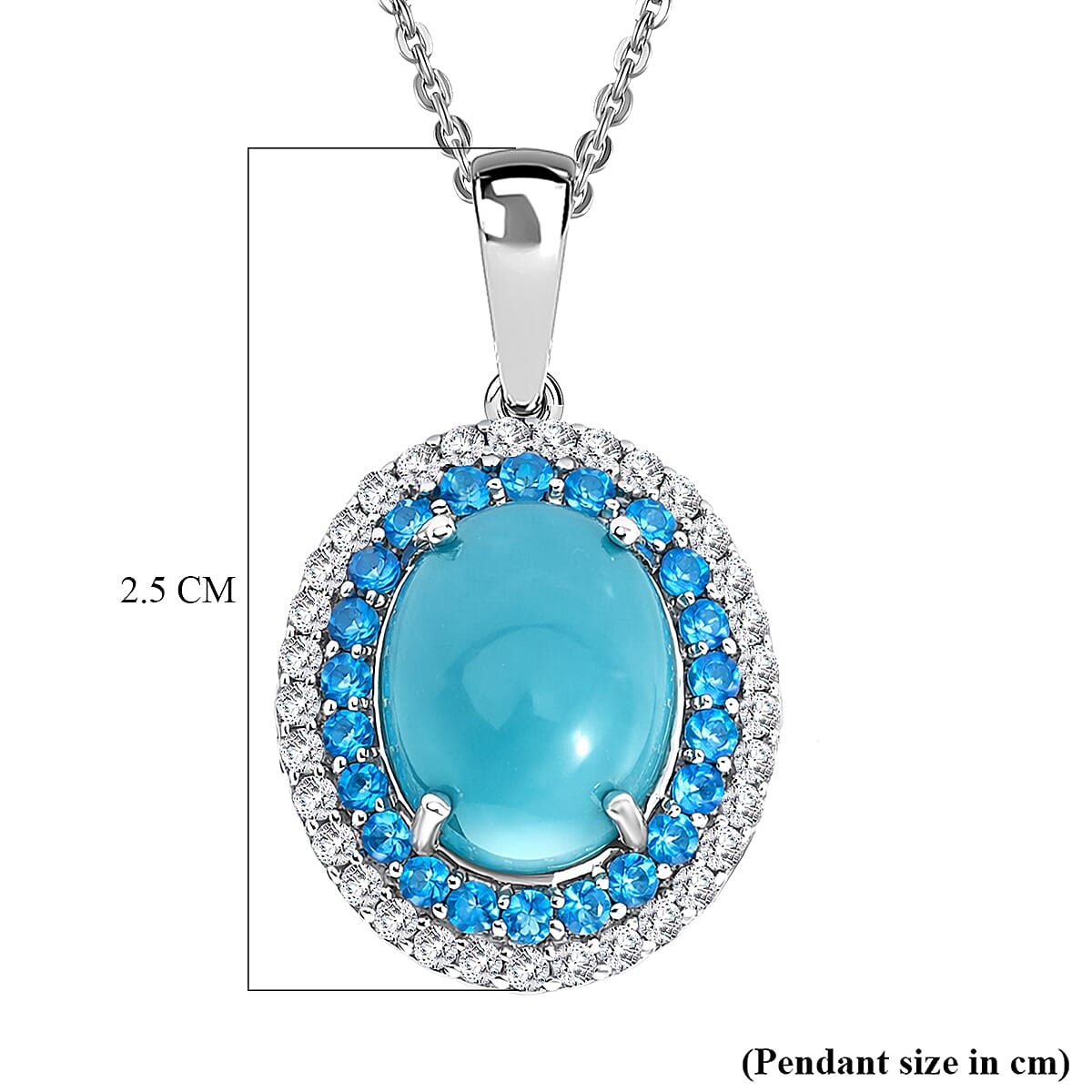 D'Joy Sleeping Beauty Turquoise, White Zircon &amp; Neon Apatite Cabochon Halo Pendant with Chain (Size 20) in Rhodium Overlay Sterling Silver 3.02 Ct. V32578021 6