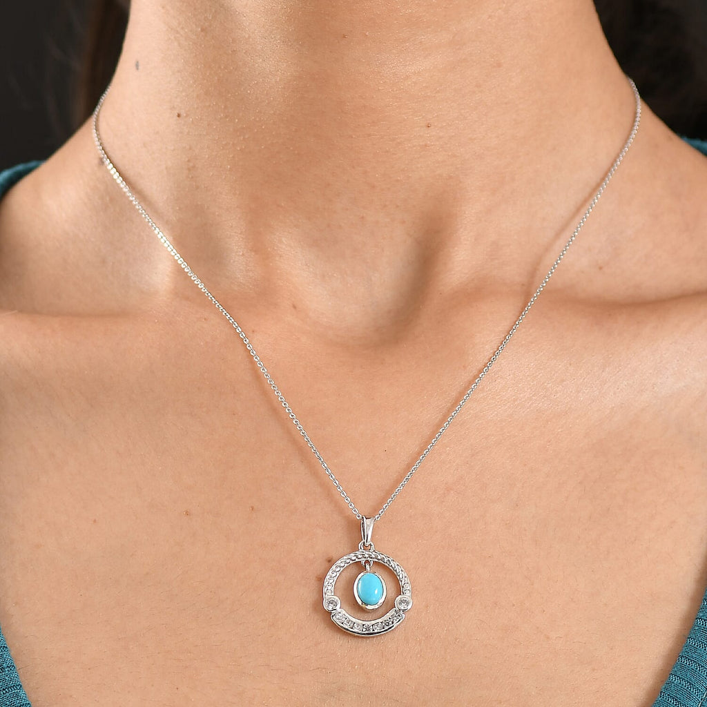 D'Joy Sleeping Beauty Turquoise & White Zircon Pendant with Chain (Size 20) in Platinum Overlay Sterling Silver 1.42 Ct.