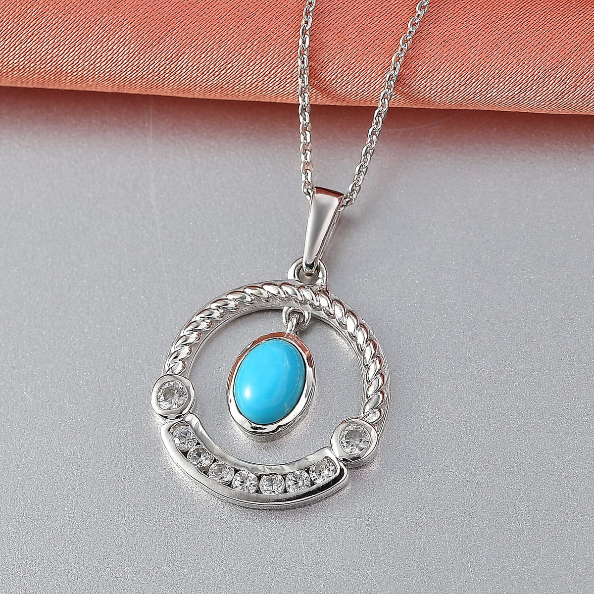 D'Joy Sleeping Beauty Turquoise &amp; White Zircon Pendant with Chain (Size 20) in Platinum Overlay Sterling Silver 1.42 Ct. 4452890 3