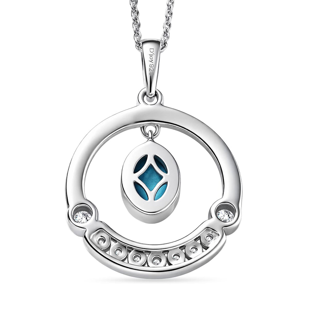D'Joy Sleeping Beauty Turquoise & White Zircon Pendant with Chain (Size 20) in Platinum Overlay Sterling Silver 1.42 Ct.