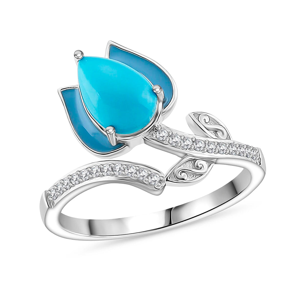 D'Joy Sleeping Beauty Turquoise & White Zircon Ring in Rhodium Overlay Sterling Silver 1.31 Ct.