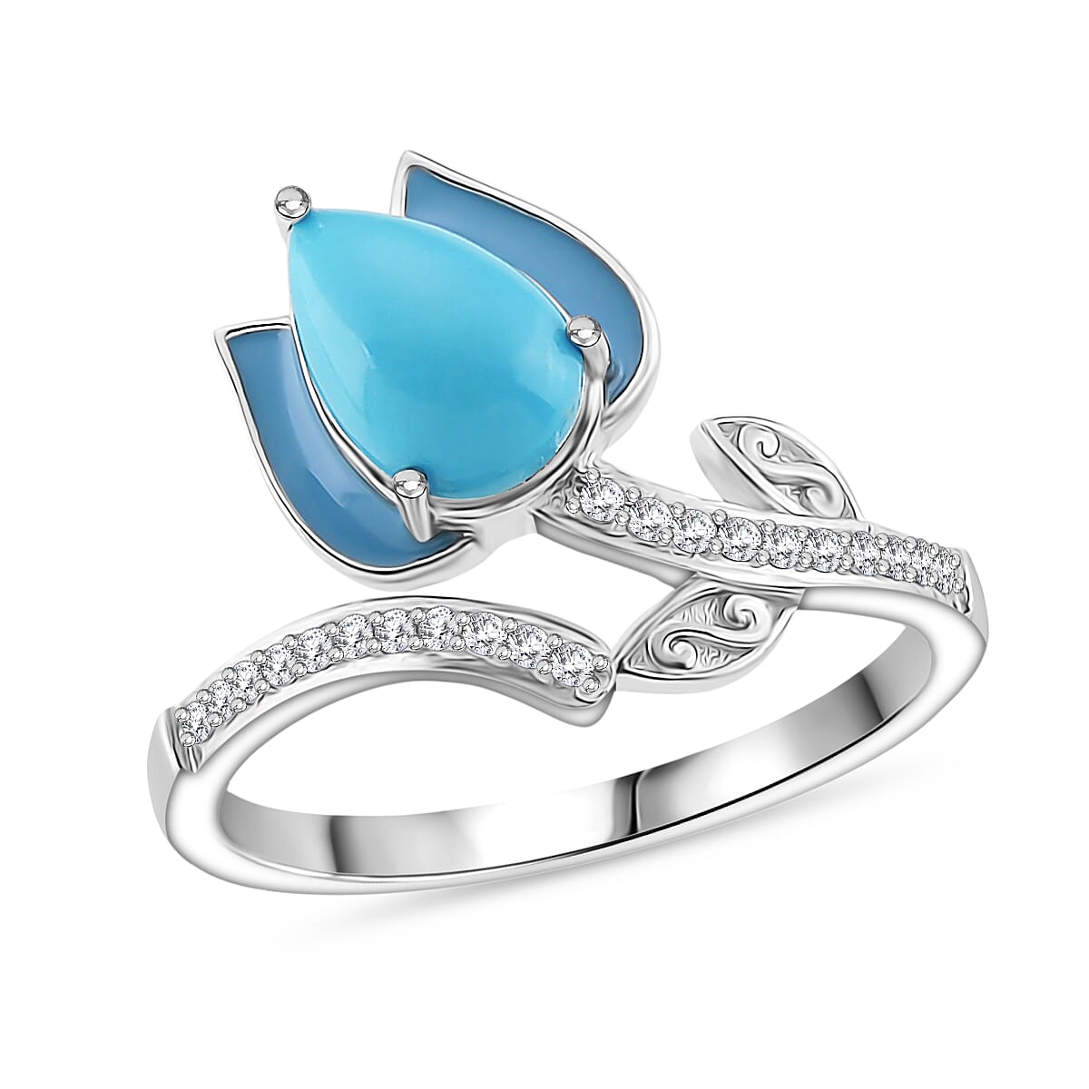D'Joy Sleeping Beauty Turquoise &amp; White Zircon Ring in Rhodium Overlay Sterling Silver 1.31 Ct. 8274399 0