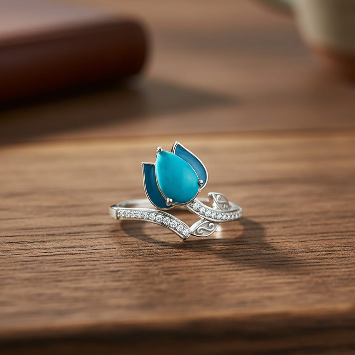 D'Joy Sleeping Beauty Turquoise &amp; White Zircon Ring in Rhodium Overlay Sterling Silver 1.31 Ct. 8274399 1