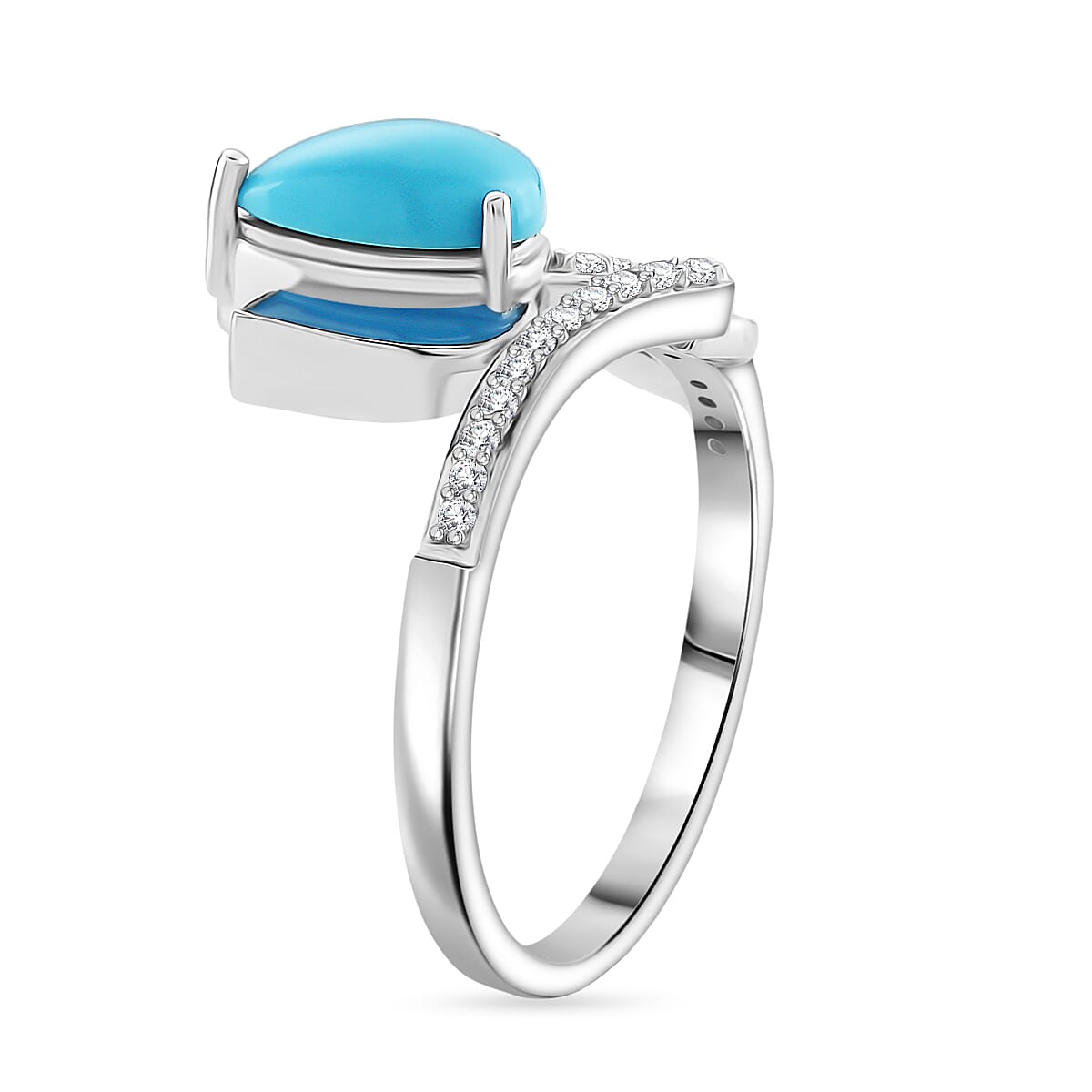 D'Joy Sleeping Beauty Turquoise &amp; White Zircon Ring in Rhodium Overlay Sterling Silver 1.31 Ct. 8274399 3