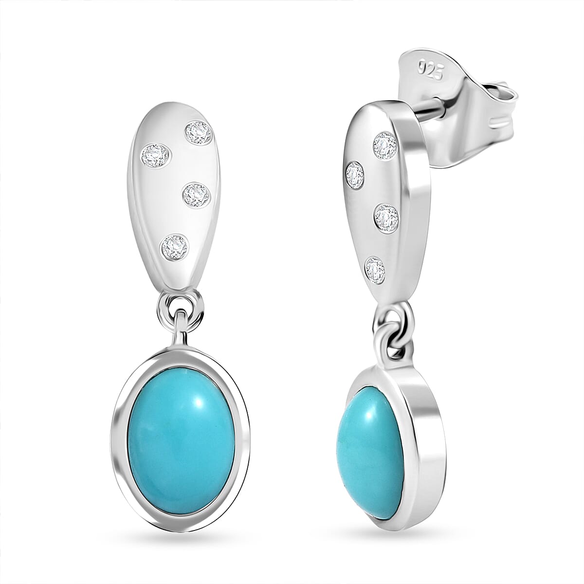 D'Joy Sleeping Beauty Turquoise &amp; White Zircon Solitaire Stud Push Post Earring in Platinum Overlay Sterling Silver 1.58 Ct. 8277504 0