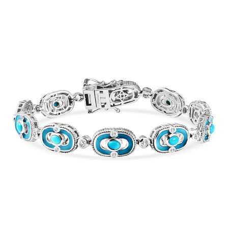 D'Joy Sleeping Beauty Turquoise &amp; White Zircon Station Bracelet (Size - 7.5) with GB Lock Box in Rhodium Overlay Sterling Silver 2.94 Ct, Silver Wt. 17.87 Gms 8438221 1