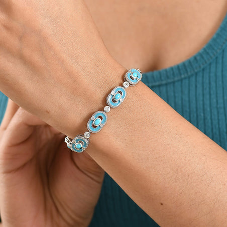 D'Joy Sleeping Beauty Turquoise &amp; White Zircon Station Bracelet (Size - 7.5) with GB Lock Box in Rhodium Overlay Sterling Silver 2.94 Ct, Silver Wt. 17.87 Gms 8438221 2
