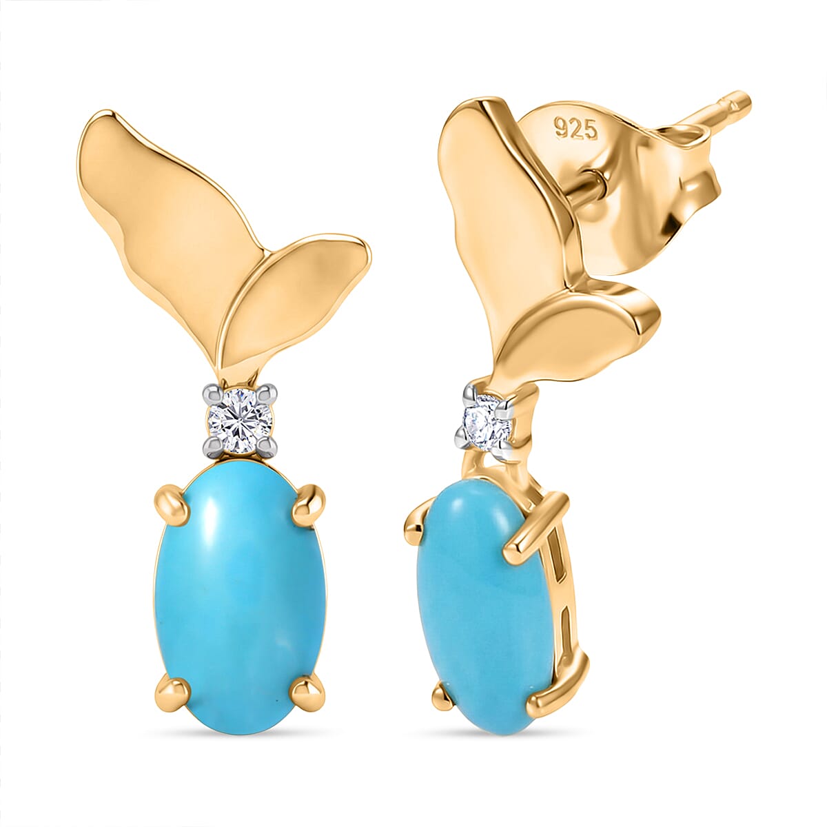 D'Joy Sleeping Beauty Turquoise &amp; White Zircon Whisper Earring with Push Back in Yellow Gold Plated Sterling Silver 1.21 Ct. 8435611 0