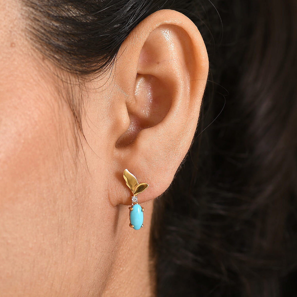 D'Joy Sleeping Beauty Turquoise &amp; White Zircon Whisper Earring with Push Back in Yellow Gold Plated Sterling Silver 1.21 Ct. 8435611 2