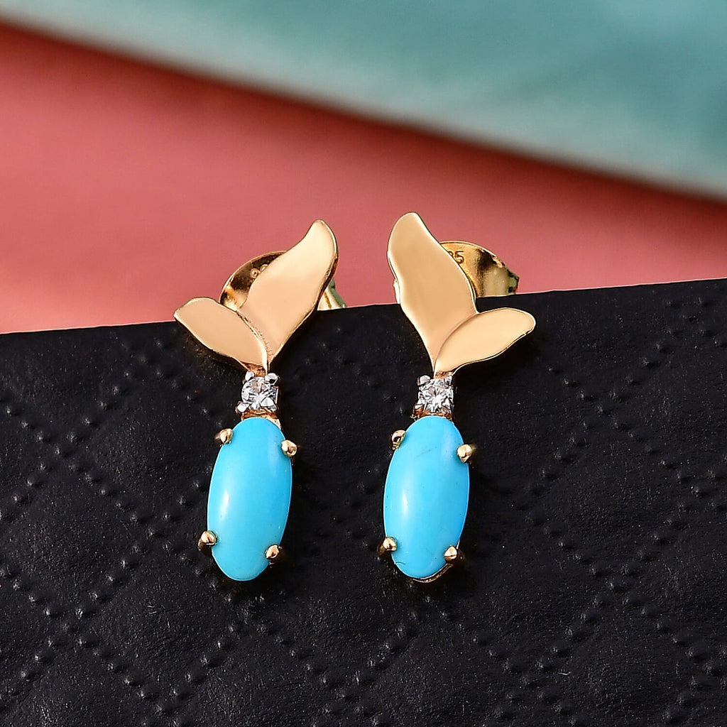 D'Joy Sleeping Beauty Turquoise & White Zircon Whisper Earring with Push Back in Yellow Gold Plated Sterling Silver 1.21 Ct.
