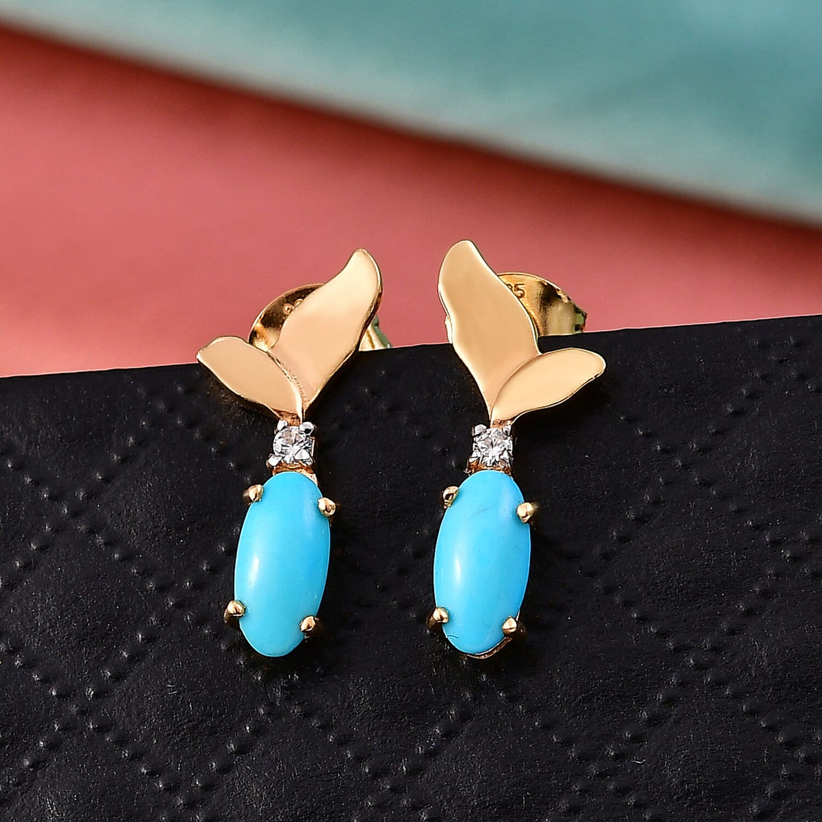 D'Joy Sleeping Beauty Turquoise &amp; White Zircon Whisper Earring with Push Back in Yellow Gold Plated Sterling Silver 1.21 Ct. 8435611 3