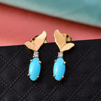 D'Joy Sleeping Beauty Turquoise & White Zircon Whisper Earring with Push Back in Yellow Gold Plated Sterling Silver 1.21 Ct.