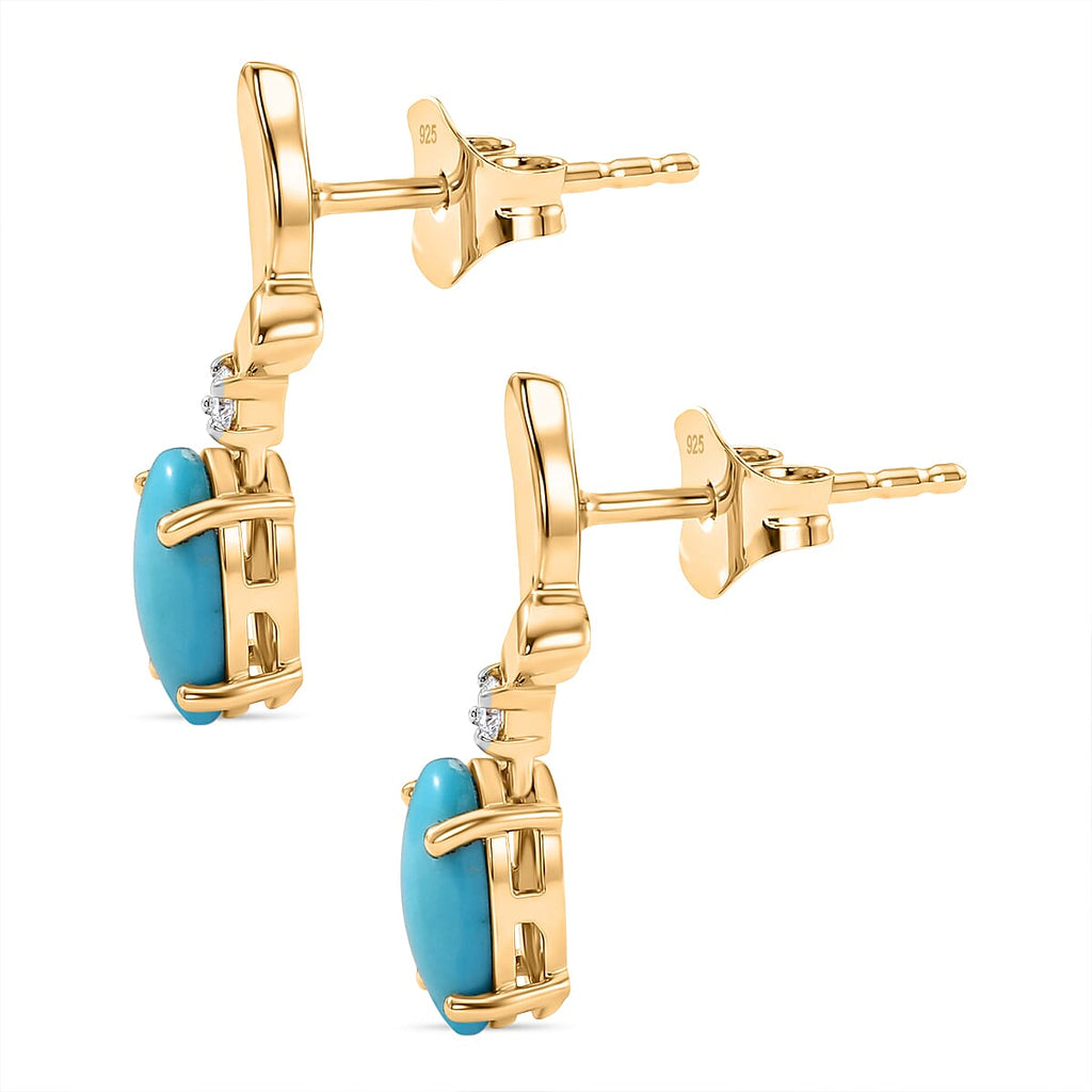 D'Joy Sleeping Beauty Turquoise & White Zircon Whisper Earring with Push Back in Yellow Gold Plated Sterling Silver 1.21 Ct.