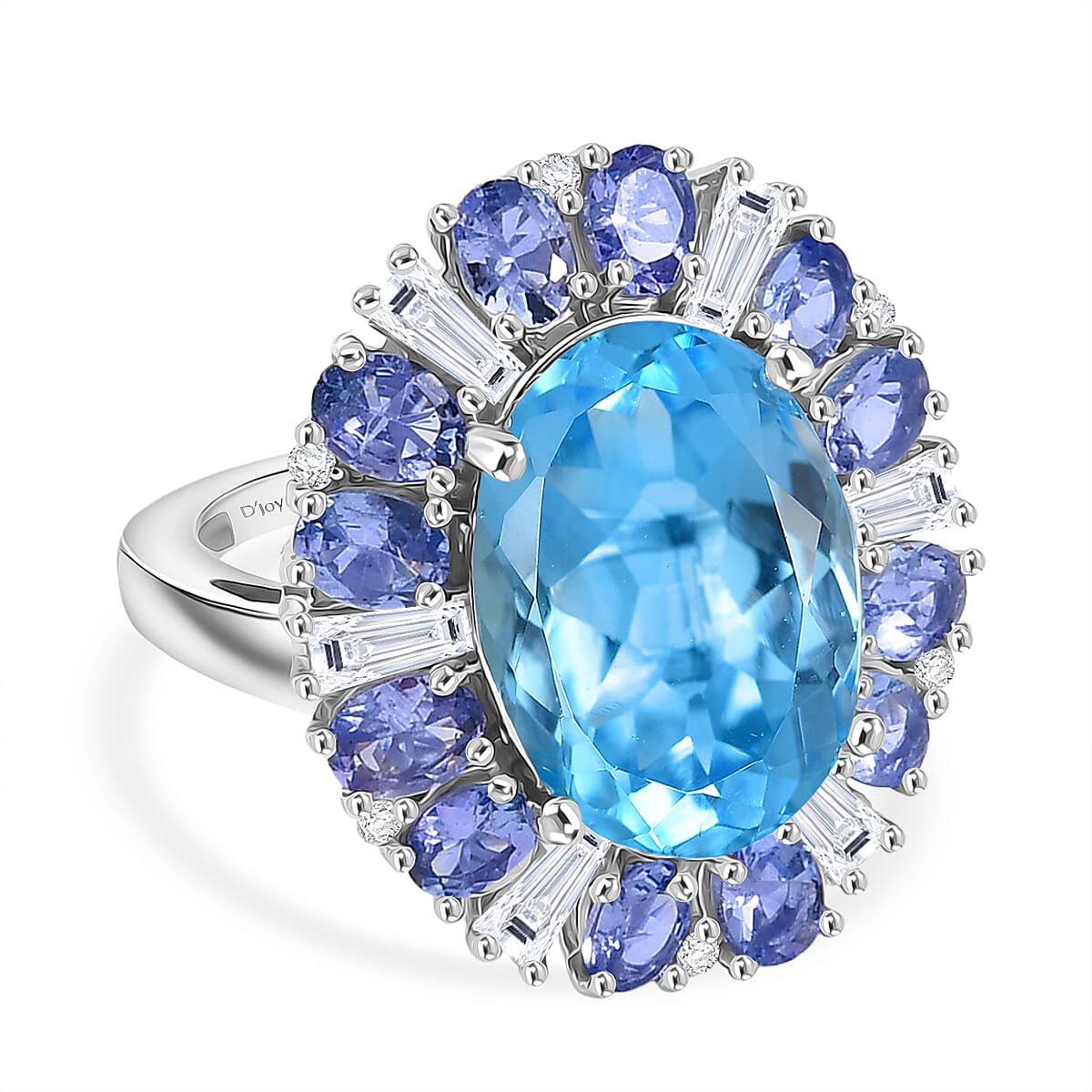 D'Joy Swiss Blue Topaz, Moissanite and Tanzanite Ring in Rhodium Overlay Sterling Silver 9.43 Ct. 8299533 0