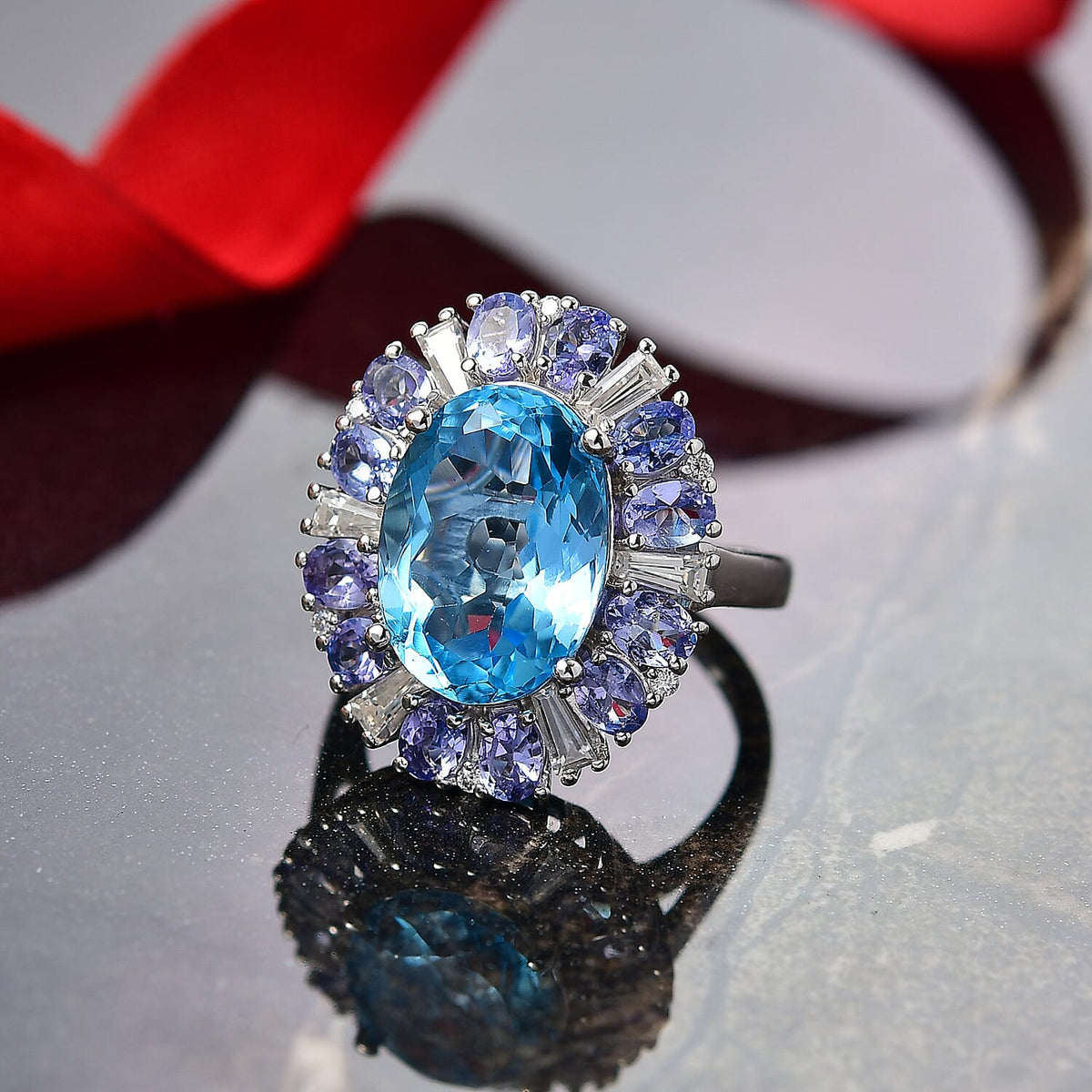 D'Joy Swiss Blue Topaz, Moissanite and Tanzanite Ring in Rhodium Overlay Sterling Silver 9.43 Ct. 8299533 2