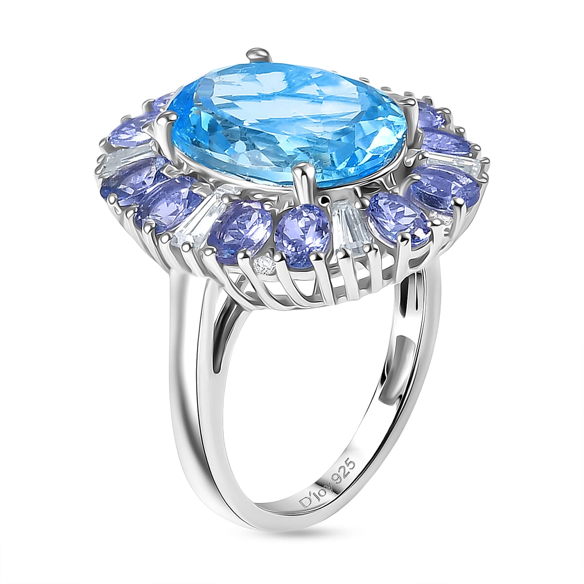 D'Joy Swiss Blue Topaz, Moissanite and Tanzanite Ring in Rhodium Overlay Sterling Silver 9.43 Ct. 8299533 4