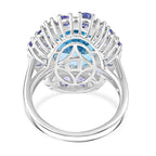 D'Joy Swiss Blue Topaz, Moissanite & Tanzanite Ring in Rhodium Overlay Sterling Silver 9.43 Ct.