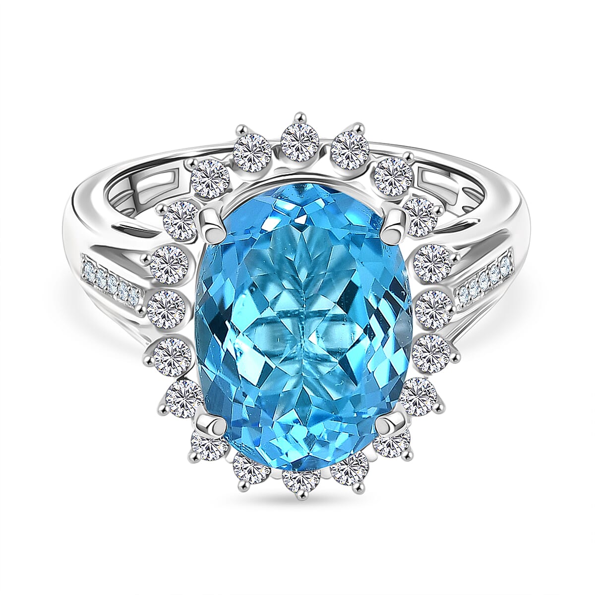 D'Joy - Swiss Blue Topaz &amp; White Zircon Halo Ring in Rhodium Overlay Sterling Silver 7.55 Ct. 8349413 0