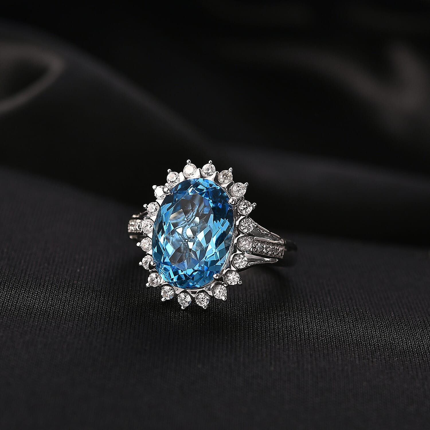 D'Joy - Swiss Blue Topaz &amp; White Zircon Halo Ring in Rhodium Overlay Sterling Silver 7.55 Ct. 8349413 2