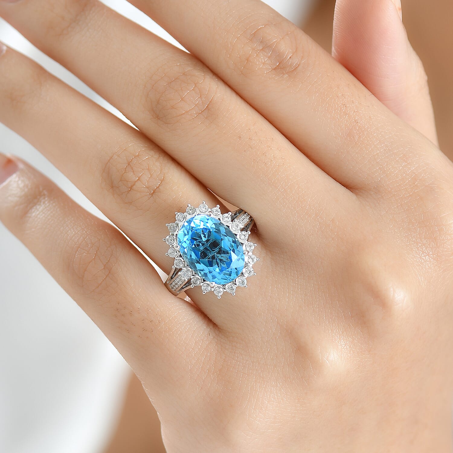 D'Joy - Swiss Blue Topaz &amp; White Zircon Halo Ring in Rhodium Overlay Sterling Silver 7.55 Ct. 8349413 3