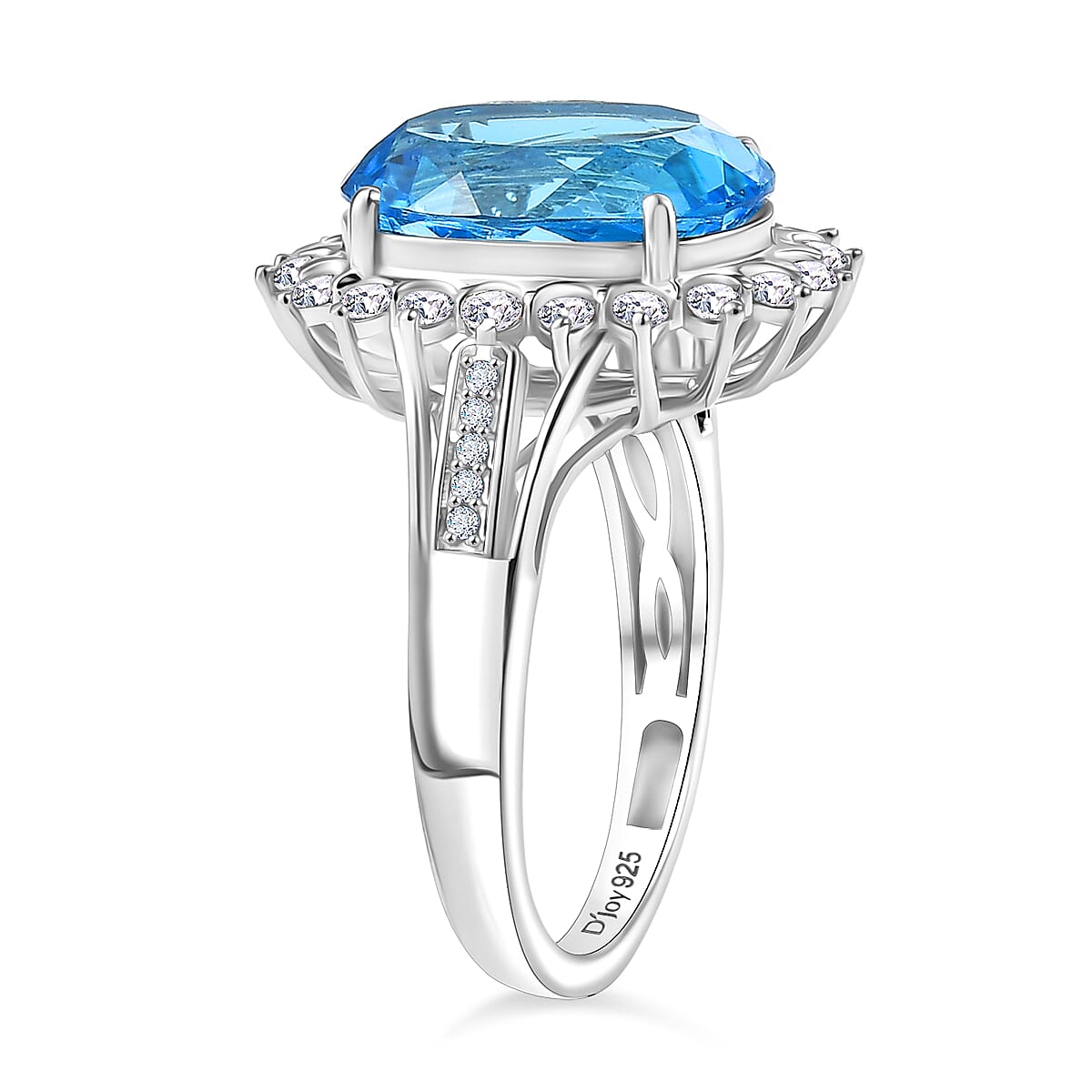 D'Joy - Swiss Blue Topaz &amp; White Zircon Halo Ring in Rhodium Overlay Sterling Silver 7.55 Ct. 8349413 4