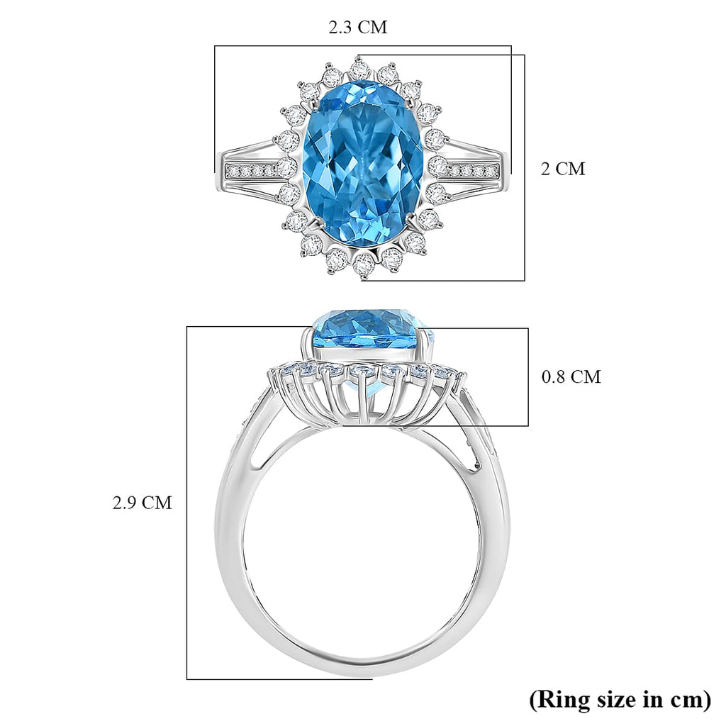 D'Joy Swiss Blue Topaz & White Zircon Halo Ring in Rhodium Overlay Sterling Silver 7.55 Ct.