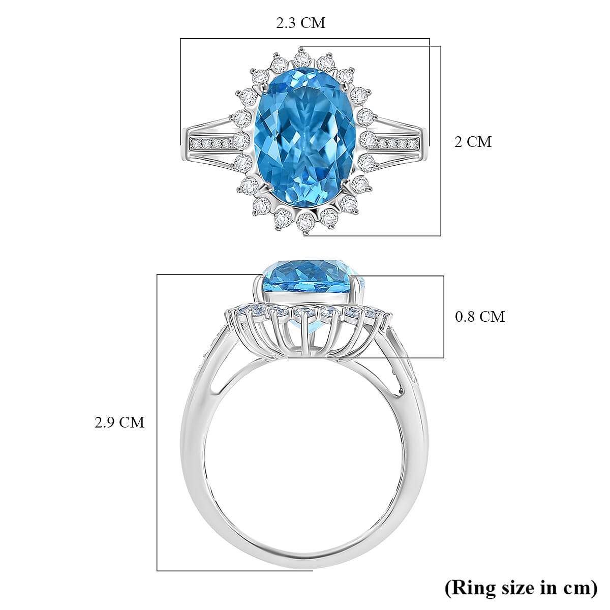 D'Joy - Swiss Blue Topaz &amp; White Zircon Halo Ring in Rhodium Overlay Sterling Silver 7.55 Ct. 8349413 6