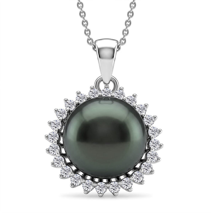 D'Joy - Tahitian Pearl (10-11mm) &amp; Lab Grown Diamond Halo Pendant with Chain (Size 18) in Rhodium Overlay Sterling Silver 8.00 Ct. 4489862 1