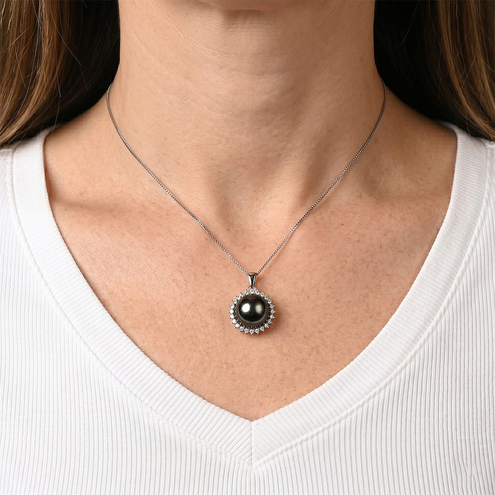 D'Joy - Tahitian Pearl (10-11mm) &amp; Lab Grown Diamond Halo Pendant with Chain (Size 18) in Rhodium Overlay Sterling Silver 8.00 Ct. 4489862 2