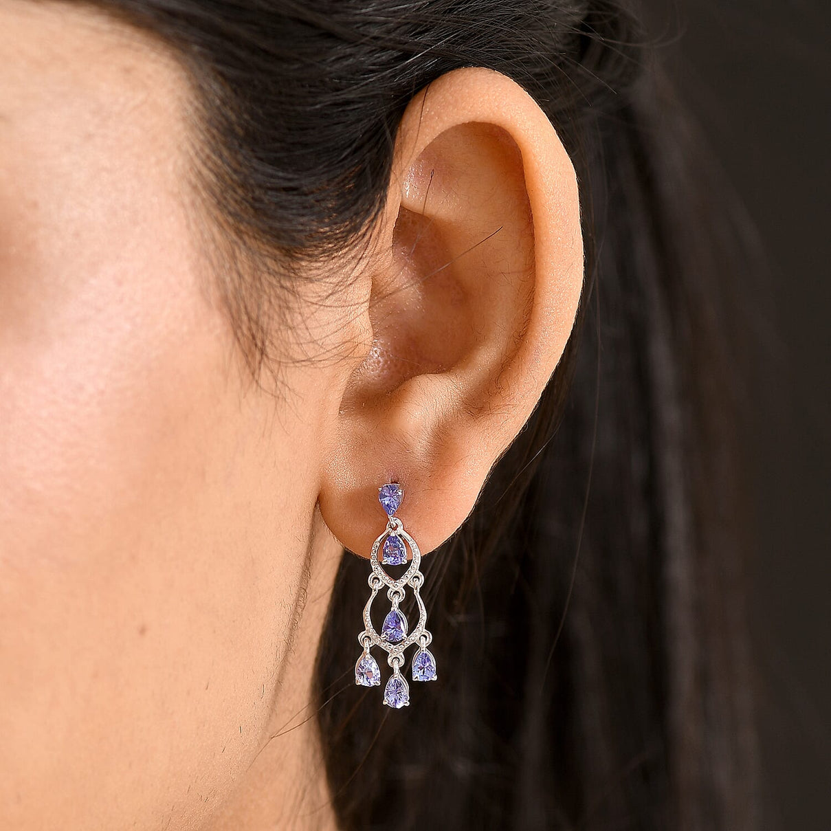 D'Joy - Tanzanite Dangling Earring with Push Back in Rhodium Overlay Sterling Silver 2.04 Ct. 8574437 2