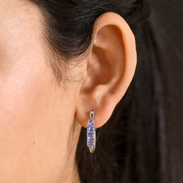 D'Joy - Tanzanite Hoop Earring with Clasp in Rhodium Overlay Sterling Silver 2.00 Ct. 8574435 2
