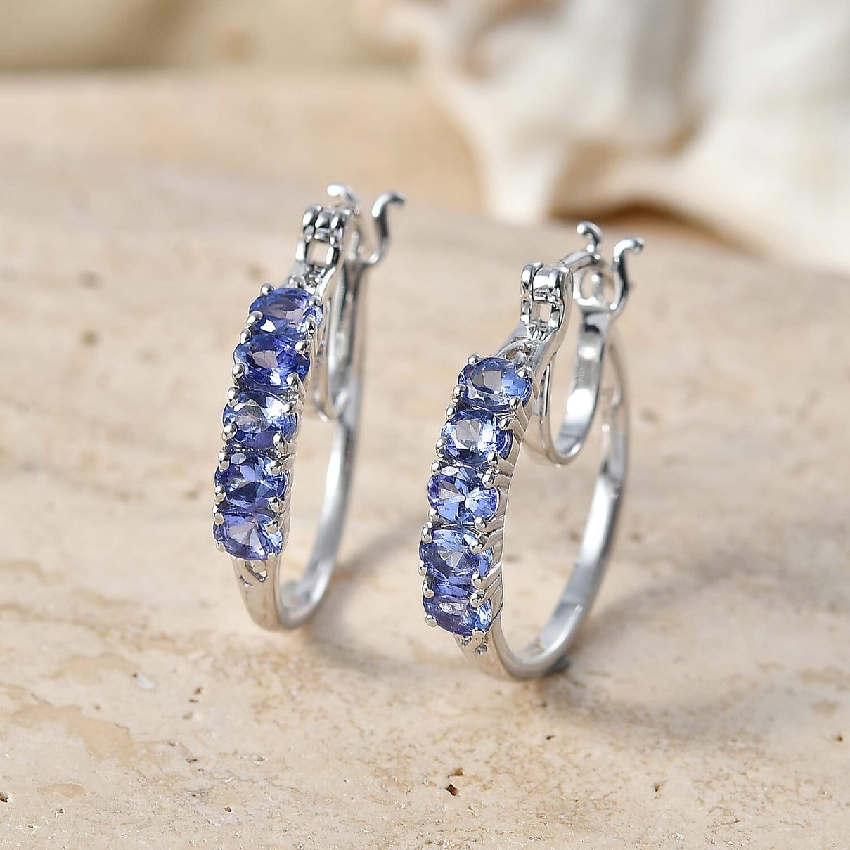 D'Joy - Tanzanite Hoop Earring with Clasp in Rhodium Overlay Sterling Silver 2.00 Ct. 8574435 3