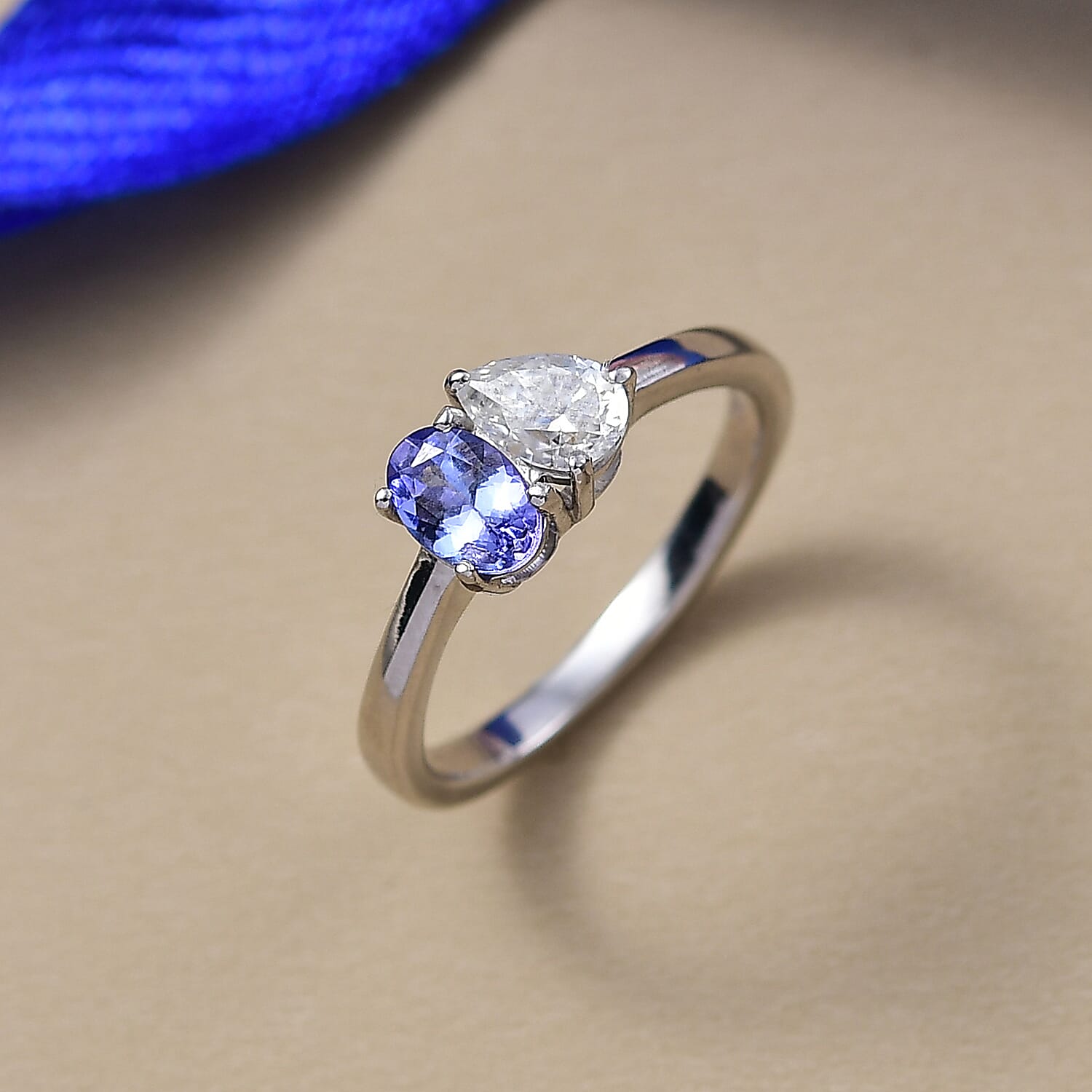 D'Joy Tanzanite &amp; Moissanite Bypass Ring in Platinum Overlay Sterling Silver 8302286 2