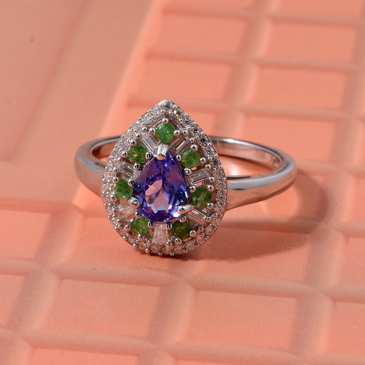 D'Joy - Tanzanite, Tsavorite Garnet &amp; Moissanite Halo Ring in Rhodium Overlay Sterling Silver 1.22 Ct. V32576384 1
