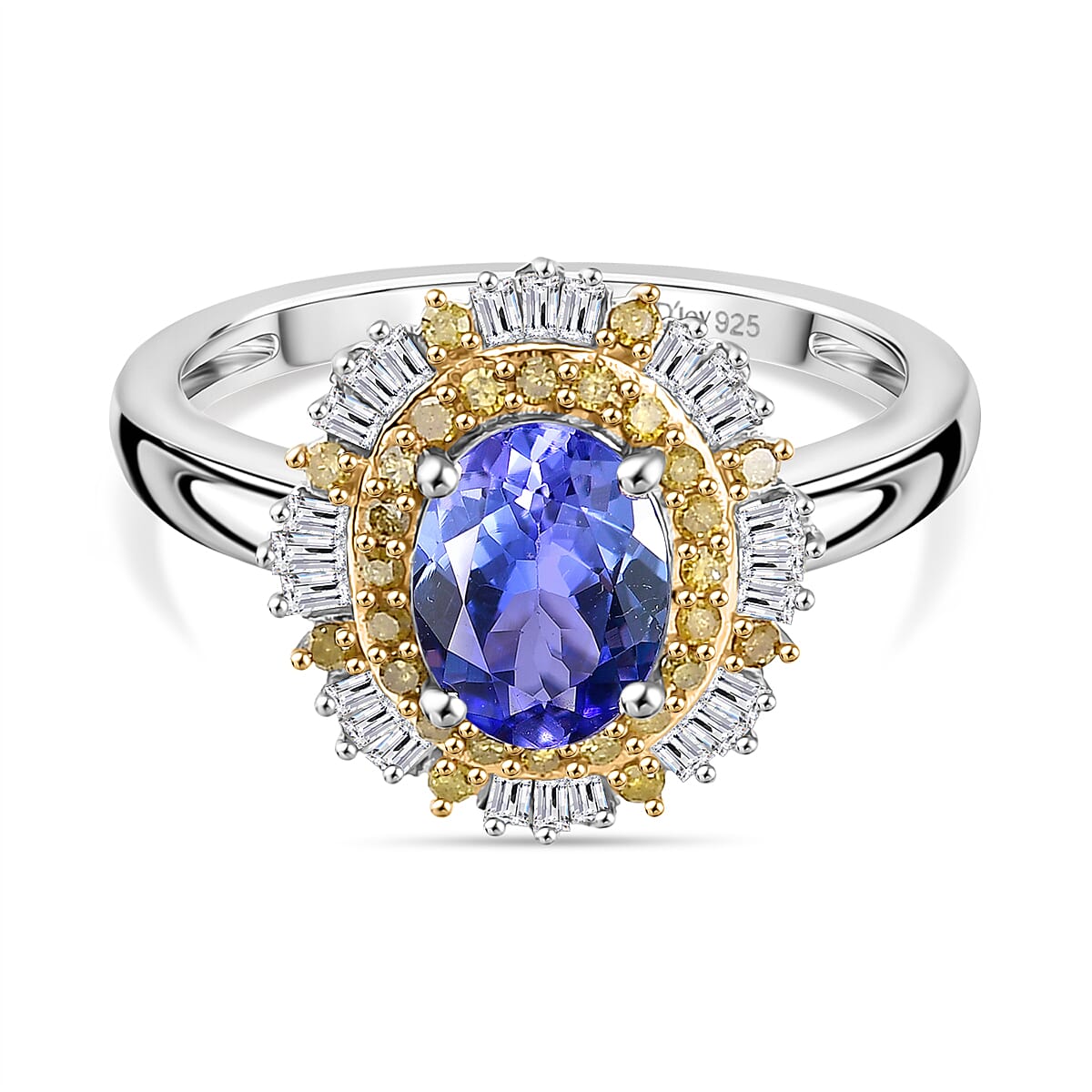 D'Joy Tanzanite, White Diamond &amp; Yellow Diamond Double Halo Ring in Rhodium Overlay Sterling Silver 1.75 Ct. 8312704 0
